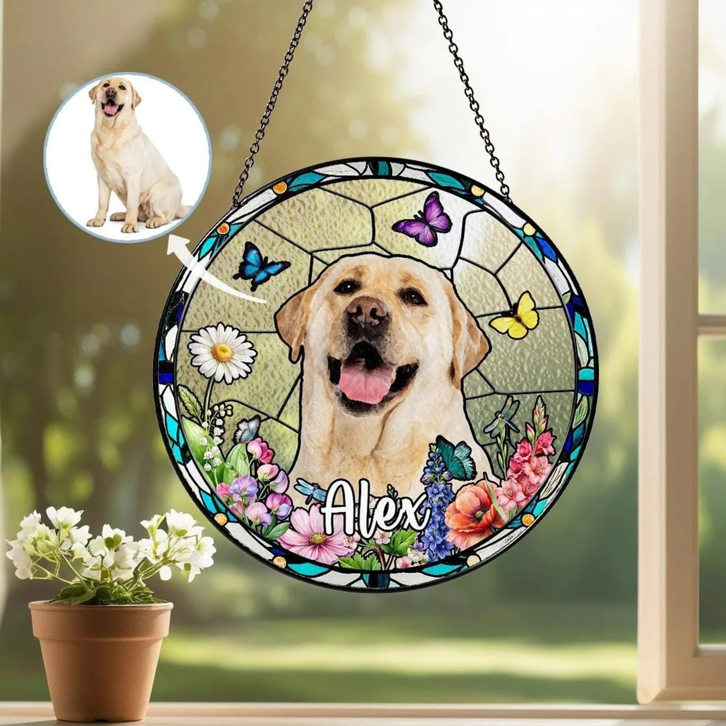 Netecom Personalized Pet Portrait Stained Glass Suncatcher – Custom Pet Memorial, Pet Lover Window Hanging, Thoughtful Sympathy Gift for Dog and Cat Owners