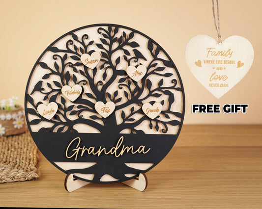 Netecom Personalized Wooden Family Tree Sign with Hanging Heart Name Tags, Custom Family Name Wall Decor, Grandkids Name Display, Meaningful Gift for Grandma, Mom, Dad