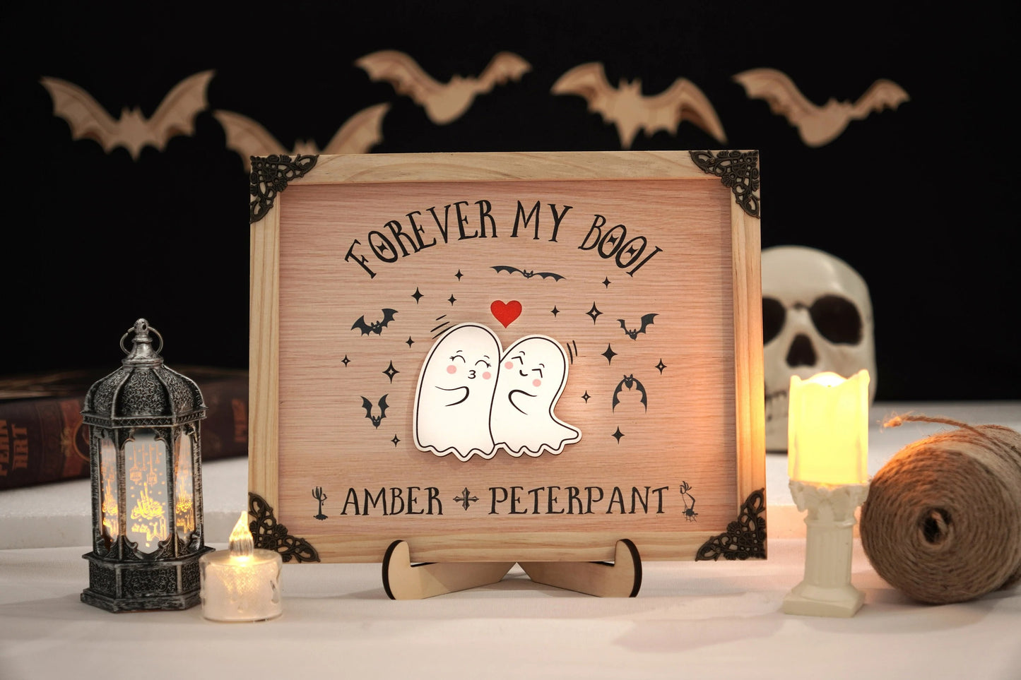Netecom Personalized Forever My Boo Wooden Halloween Sign, Cute Ghost Couple Decor with Heart, Custom Name Halloween Home Decor, Spooky Farmhouse Gift for Couples