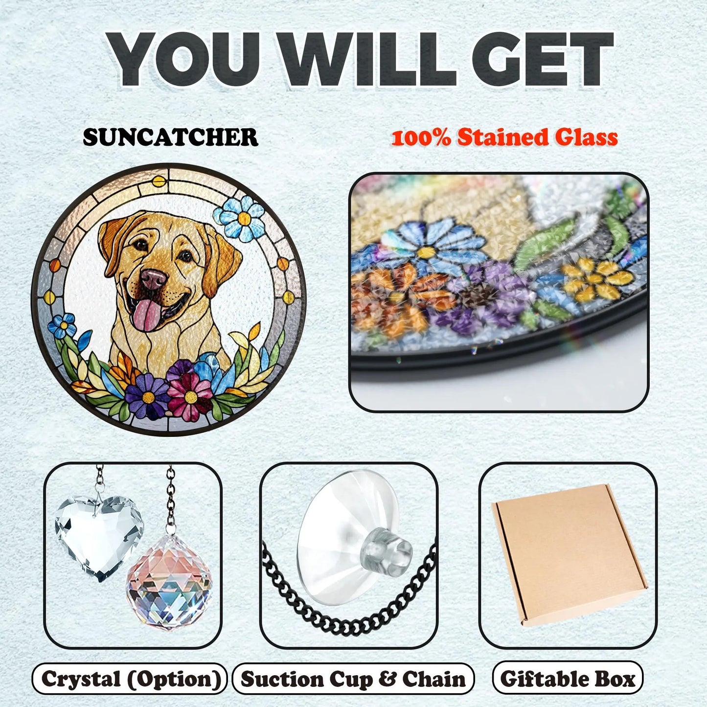 Netecom Personalized Pet Portrait Crystal Suncatcher, Custom Dog Cat Horse Memorial Gift, Stained Glass Style Pet Photo Ornament, Loss of Pet Sympathy Gift