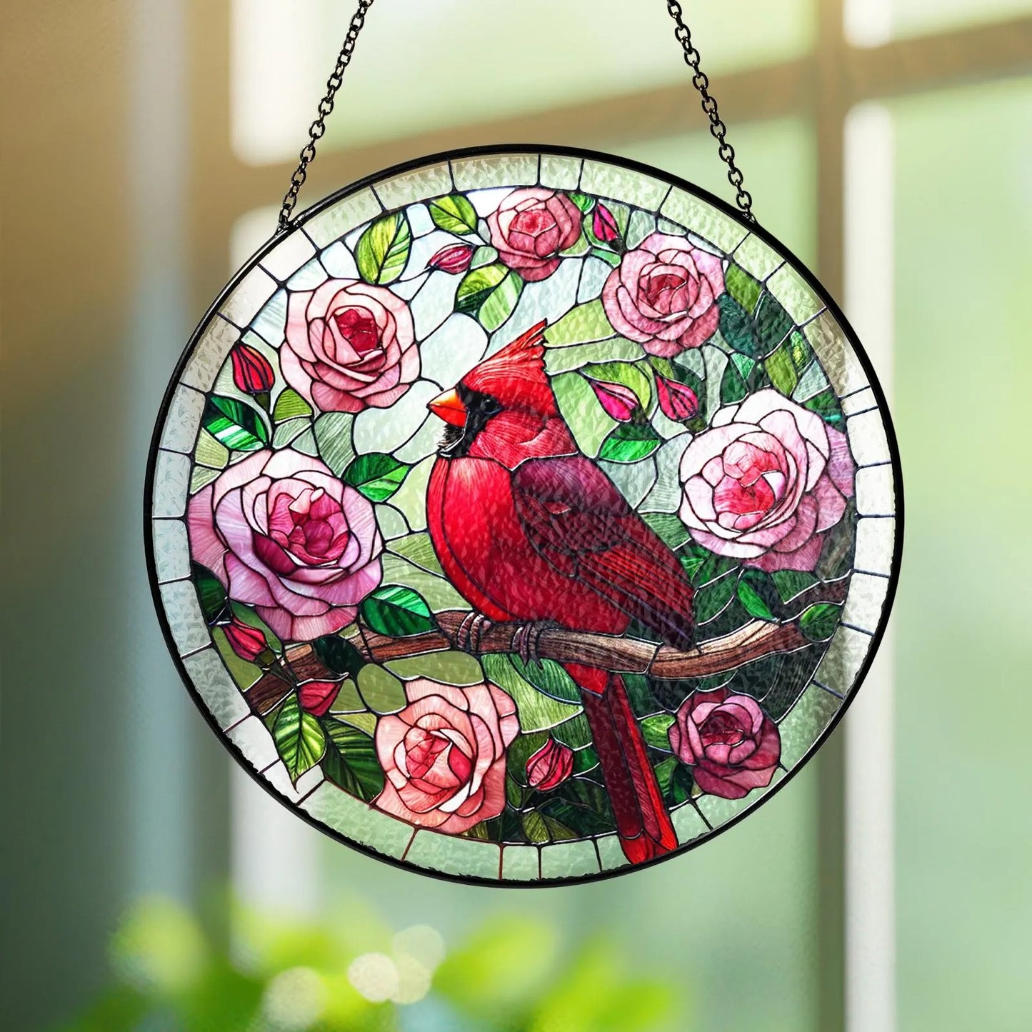Netecom Red Cardinal Stained Glass Suncatcher – Cardinal Glass Art, Window Hanging Decor, Bird Lover Gift for Mom, Grandma, Mother’s Day, Home Decor