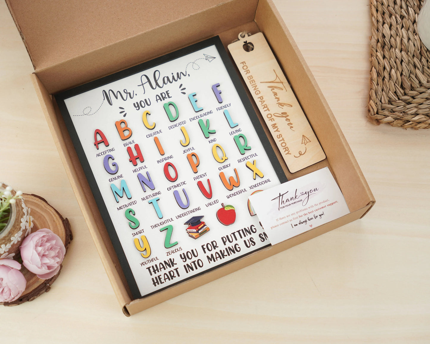 Netecom Personalized ABC Teacher Appreciation Wooden Sign, Custom Teacher Name Wall Art, A to Z Classroom Decor, Thank You Gift for Preschool & Kindergarten Teachers