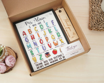 Netecom Personalized ABC Teacher Appreciation Wooden Sign, Custom Teacher Name Wall Art, A to Z Classroom Decor, Thank You Gift for Preschool & Kindergarten Teachers