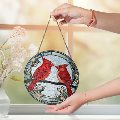 Netecom Male and Female Red Cardinal Stained Glass Suncatcher – Lovebirds Window Hanging, Gifts for Mom and Couples, Red Bird SunCatcher