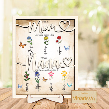Netecom First Mom Now Grandma Wood Sign Personalized Birth Month Flower Frame Nana Garden Decor Mother’s Day Gift for Mom