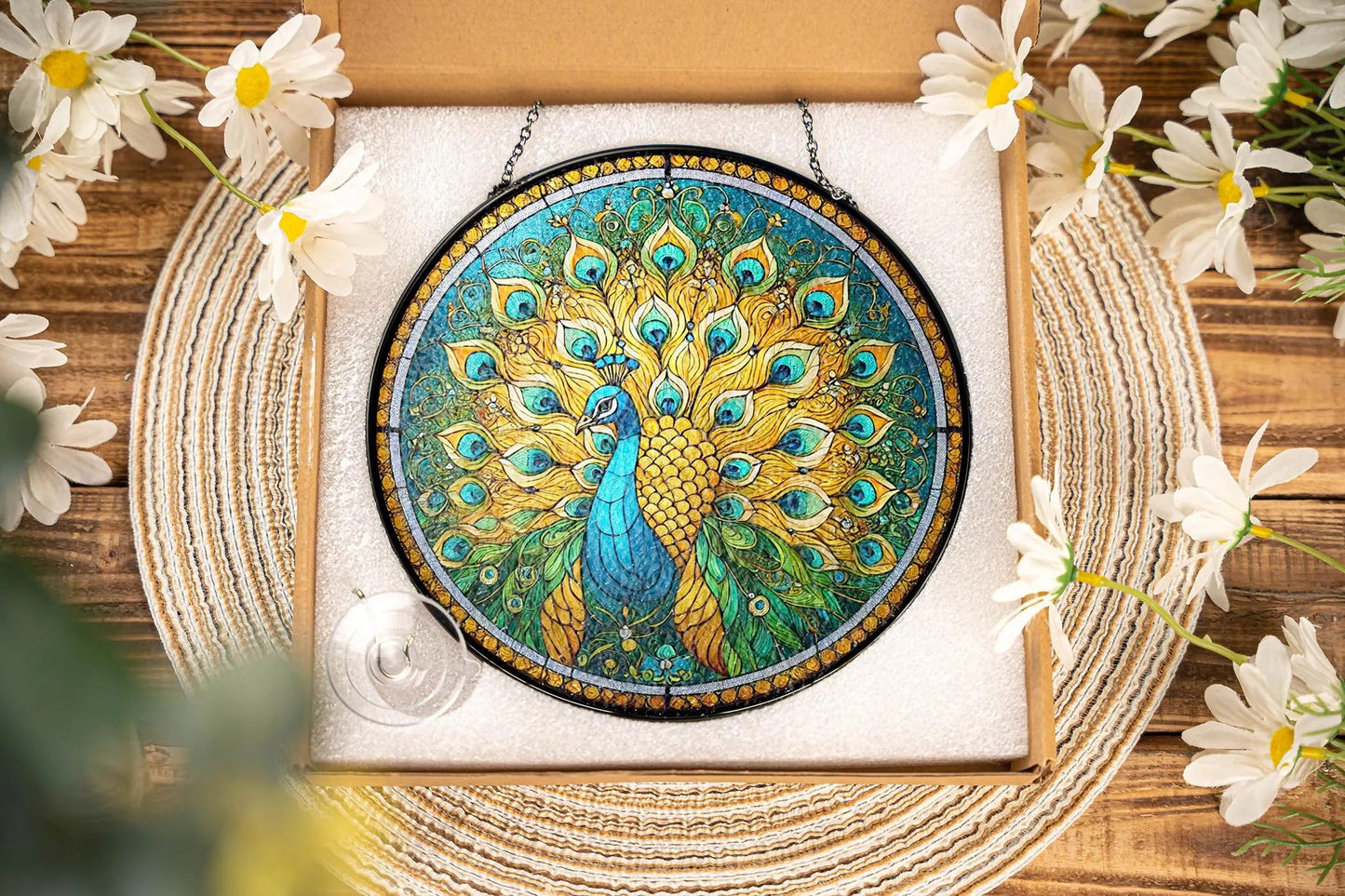 Netecom Peacock Stained Glass Suncatcher Window Hanging, Floral Peacock Art Decor, Colorful Window Ornament, Gift for Peacock Lovers Nature Fans