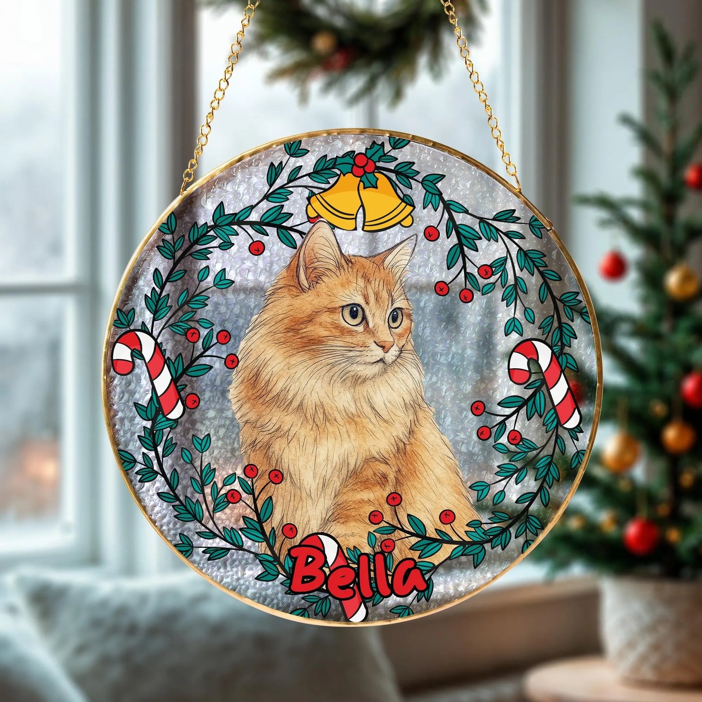 Netecom Custom Pet Portrait Stained Glass Suncatcher – Personalized Pet Memorial Gift, Dog, Cat, Parrot, Horse Ornament, Golden Frame Window Hanging Decor