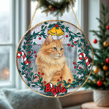 Netecom Custom Pet Portrait Stained Glass Suncatcher – Personalized Pet Memorial Gift, Dog, Cat, Parrot, Horse Ornament, Golden Frame Window Hanging Decor