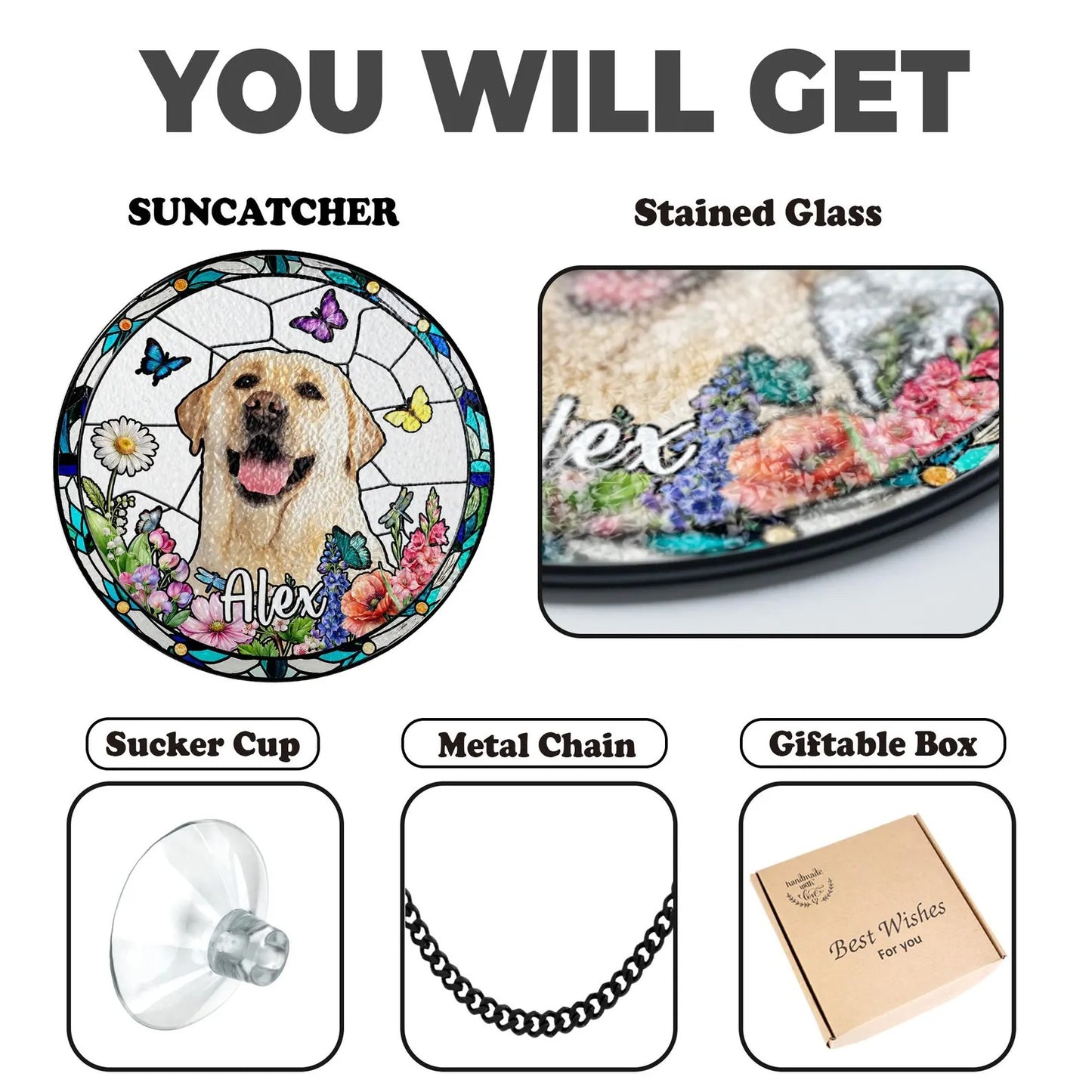 Netecom Personalized Pet Portrait Stained Glass Suncatcher – Custom Pet Memorial, Pet Lover Window Hanging, Thoughtful Sympathy Gift for Dog and Cat Owners