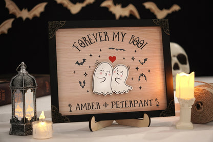 Netecom Personalized Forever My Boo Wooden Halloween Sign, Cute Ghost Couple Decor with Heart, Custom Name Halloween Home Decor, Spooky Farmhouse Gift for Couples