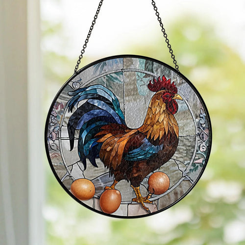 Netecom Rooster Stained Glass Suncatcher – Farmhouse Window Hanging Decor, Rustic Rooster & Egg Glass Art, Country Kitchen Gift