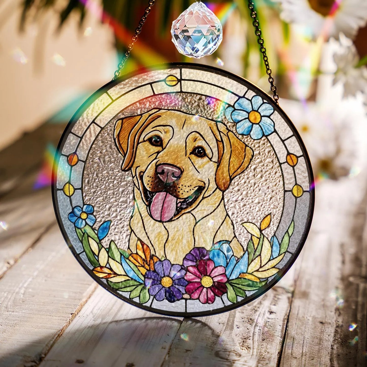 Netecom Personalized Pet Portrait Crystal Suncatcher, Custom Dog Cat Horse Memorial Gift, Stained Glass Style Pet Photo Ornament, Loss of Pet Sympathy Gift
