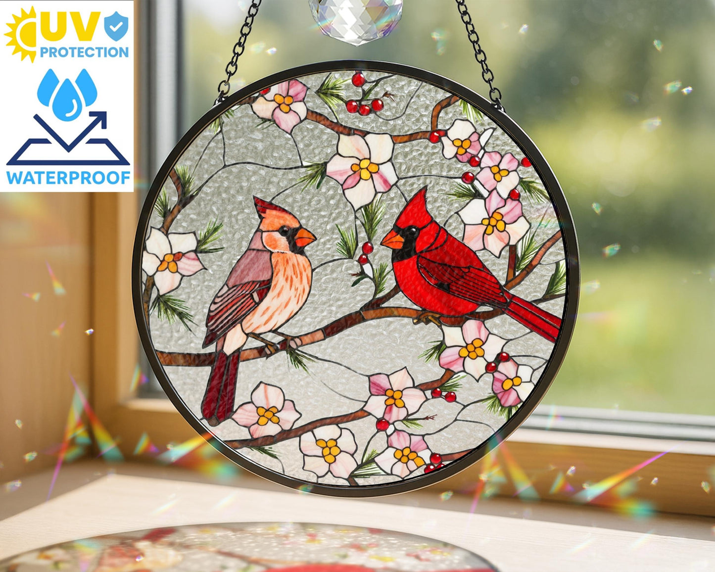 Netecom Cardinal Stained Glass Suncatcher – Window Hanging Bird Glass Art, Memorial Suncatcher, Bird Lover Gift for Mom, Women’s Home Decor