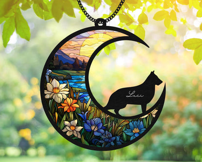 Netecom Personalized German Shepherd Memorial Suncatcher – Acrylic Stained Glass Dog on Moon Remembrance Gift, Sympathy Gift for Loss of Dog, Car Hanging and Home Decor
