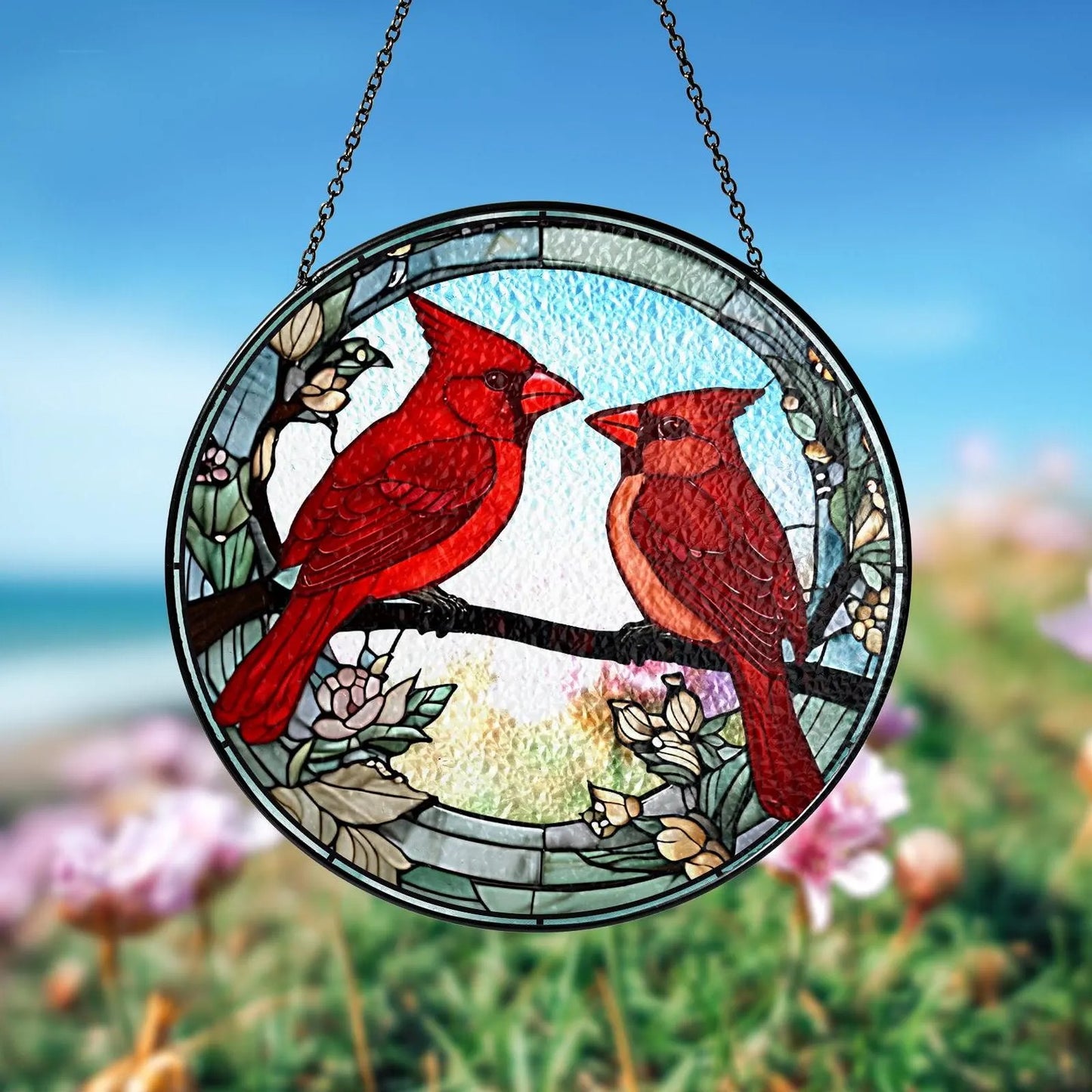 Netecom Male and Female Red Cardinal Stained Glass Suncatcher – Lovebirds Window Hanging, Gifts for Mom and Couples, Red Bird SunCatcher