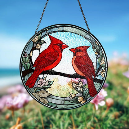 Netecom Male and Female Red Cardinal Stained Glass Suncatcher – Lovebirds Window Hanging, Gifts for Mom and Couples, Red Bird SunCatcher