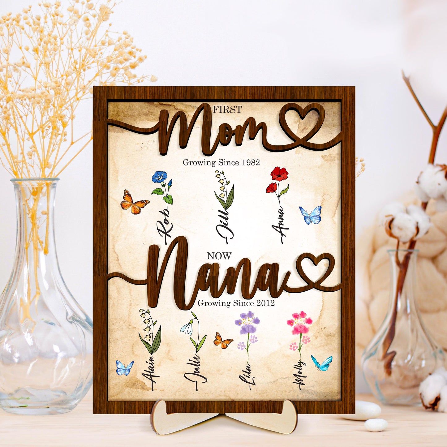 Netecom First Mom Now Grandma Wood Sign Personalized Birth Month Flower Frame Nana Garden Decor Mother’s Day Gift for Mom