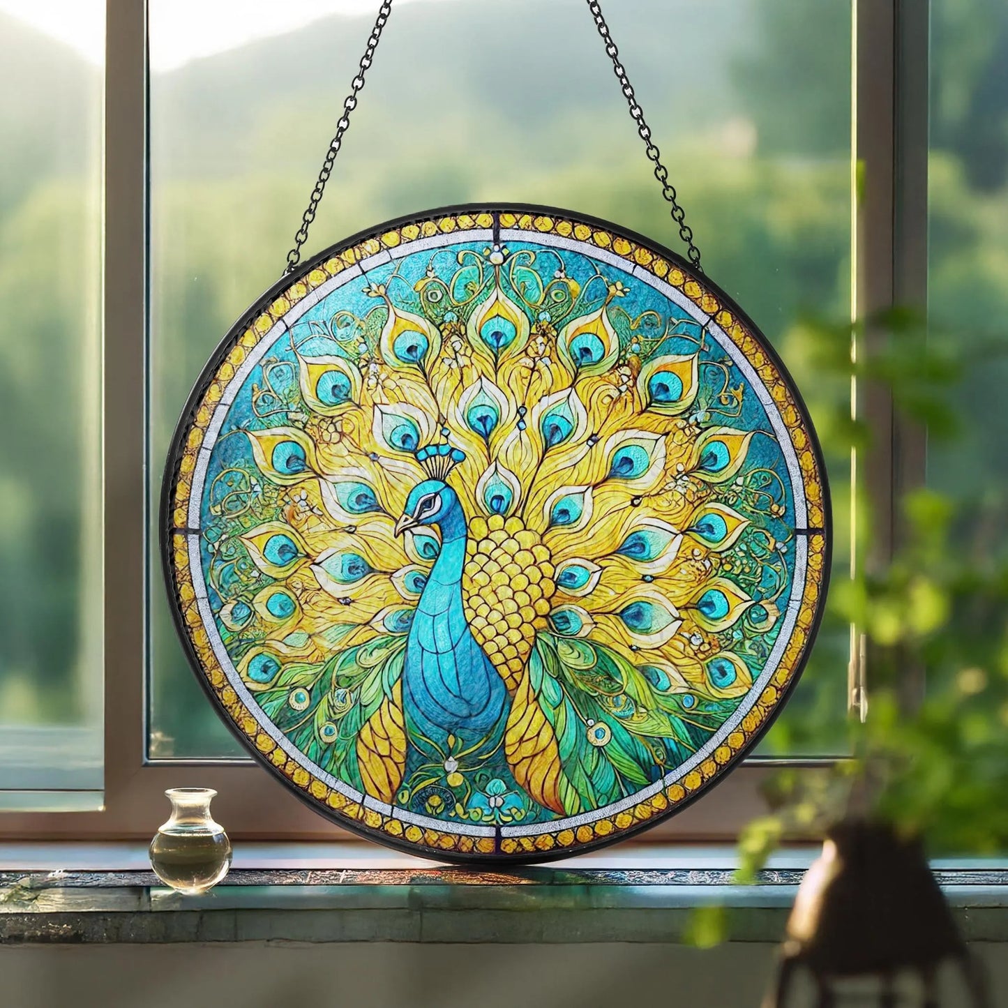 Netecom Peacock Stained Glass Suncatcher Window Hanging, Floral Peacock Art Decor, Colorful Window Ornament, Gift for Peacock Lovers Nature Fans