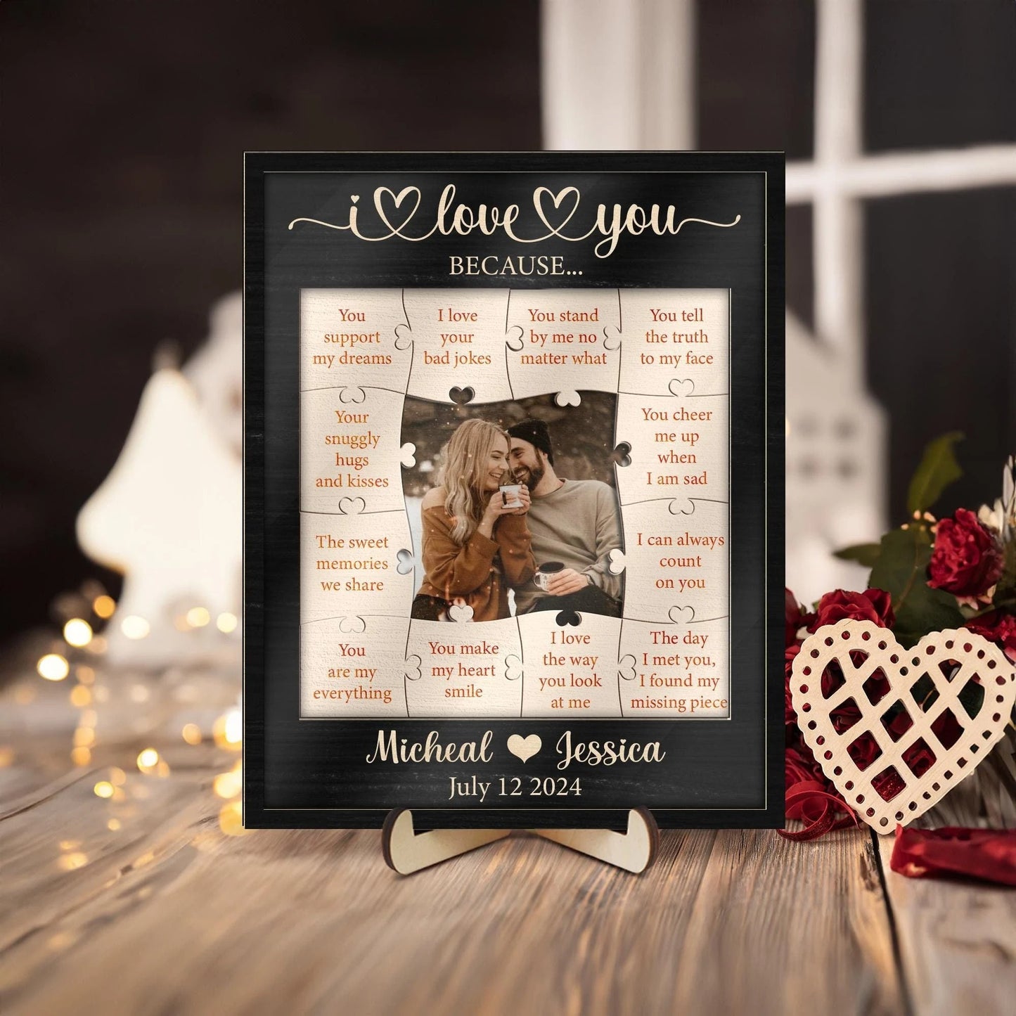 Netecom 12 Reasons Why I Love You Wooden Puzzle, Personalized Valentine’s Day Gift for Him or Her, Custom Romantic Wood Frame, Birthday Gift for Boyfriend Girlfriend