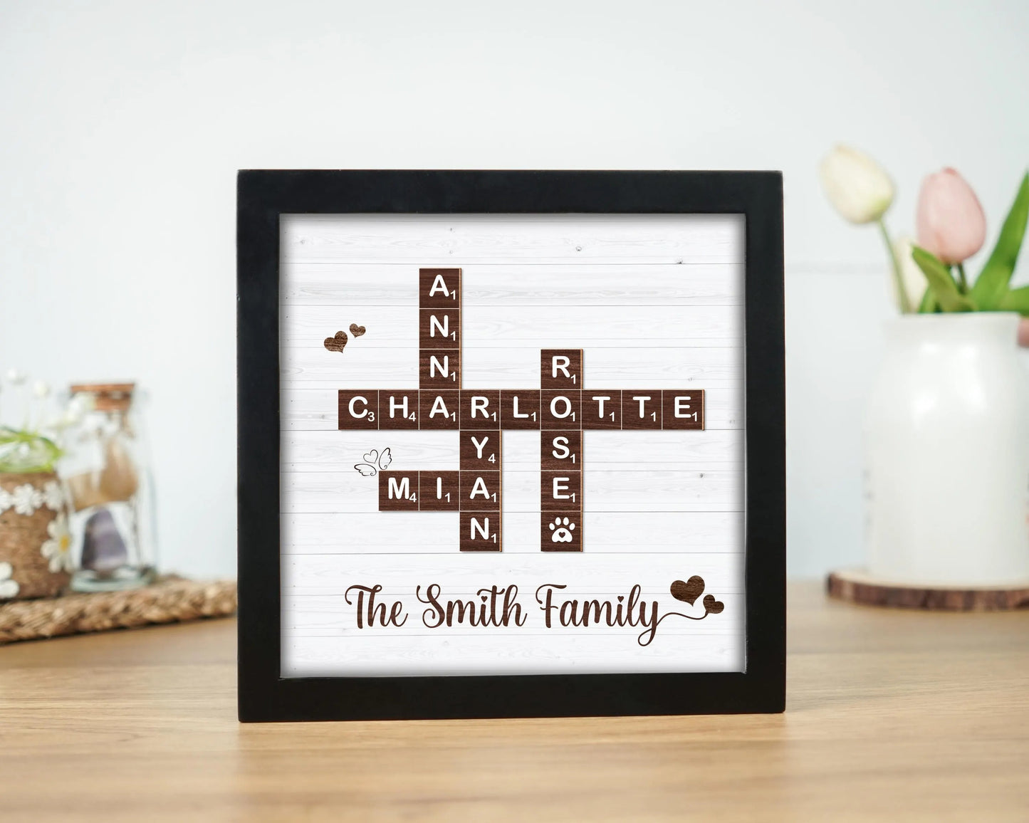 Netecom Personalized Family Scrabble Puzzle Frame Custom Family Name Sign Grandkids Keepsake Family Memory Board