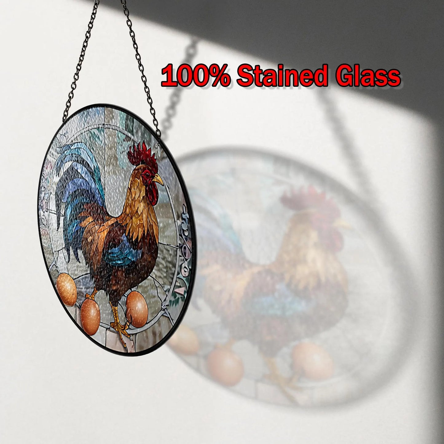 Netecom Rooster Stained Glass Suncatcher – Farmhouse Window Hanging Decor, Rustic Rooster & Egg Glass Art, Country Kitchen Gift