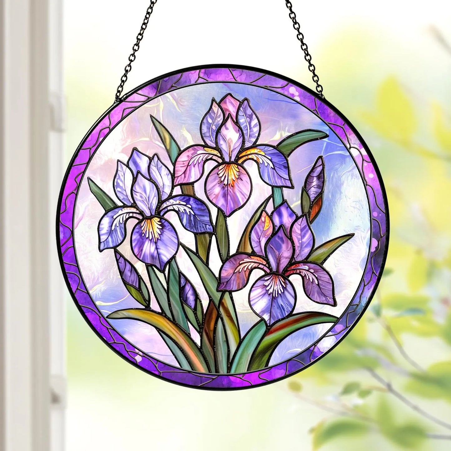 Netecom Iris Stained Glass Suncatcher – Purple Iris Window Hanging, February Birth Flower Gift for Flower Lovers and Home Decor