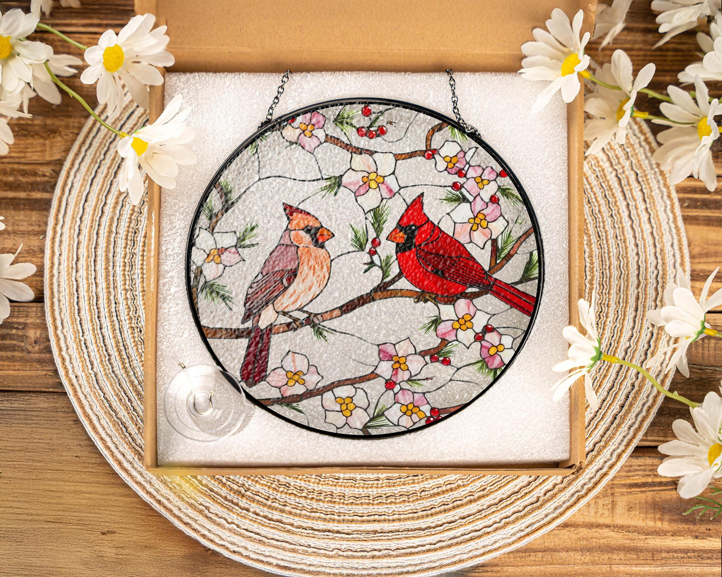 Netecom Cardinal Stained Glass Suncatcher – Window Hanging Bird Glass Art, Memorial Suncatcher, Bird Lover Gift for Mom, Women’s Home Decor
