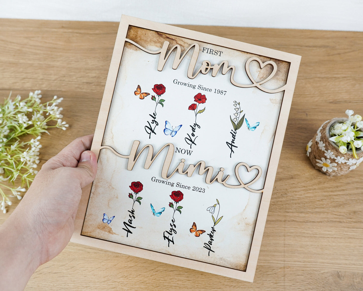 Netecom First Mom Now Grandma Wood Sign Personalized Birth Month Flower Frame Nana Garden Decor Mother’s Day Gift for Mom