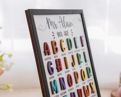 Netecom Personalized ABC Teacher Appreciation Wooden Sign, Custom Teacher Name Wall Art, A to Z Classroom Decor, Thank You Gift for Preschool & Kindergarten Teachers