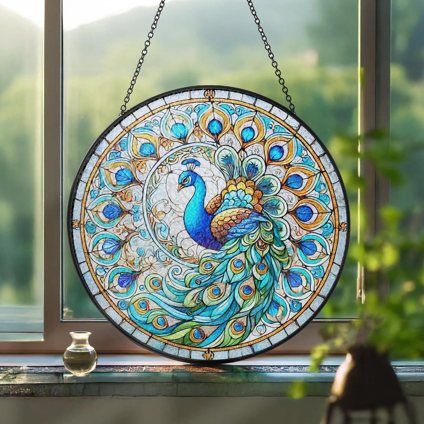 Netecom Peacock Stained Glass Suncatcher Window Hanging, Floral Peacock Art Decor, Colorful Window Ornament, Gift for Peacock Lovers Nature Fans