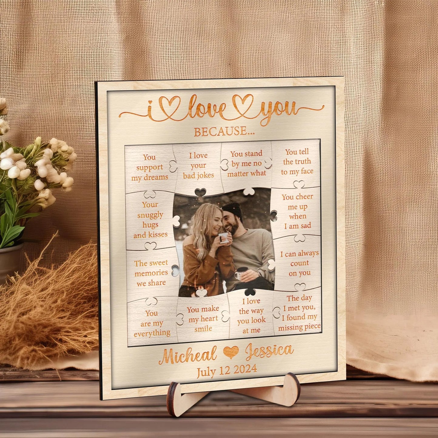 Netecom 12 Reasons Why I Love You Wooden Puzzle, Personalized Valentine’s Day Gift for Him or Her, Custom Romantic Wood Frame, Birthday Gift for Boyfriend Girlfriend
