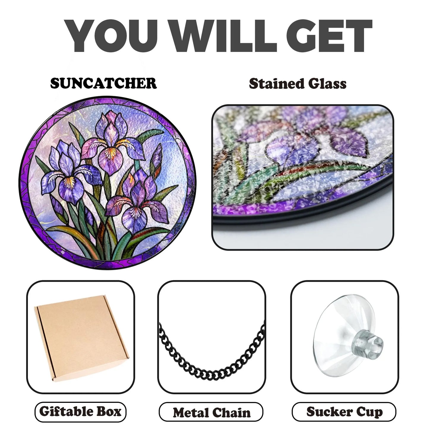 Netecom Iris Stained Glass Suncatcher – Purple Iris Window Hanging, February Birth Flower Gift for Flower Lovers and Home Decor