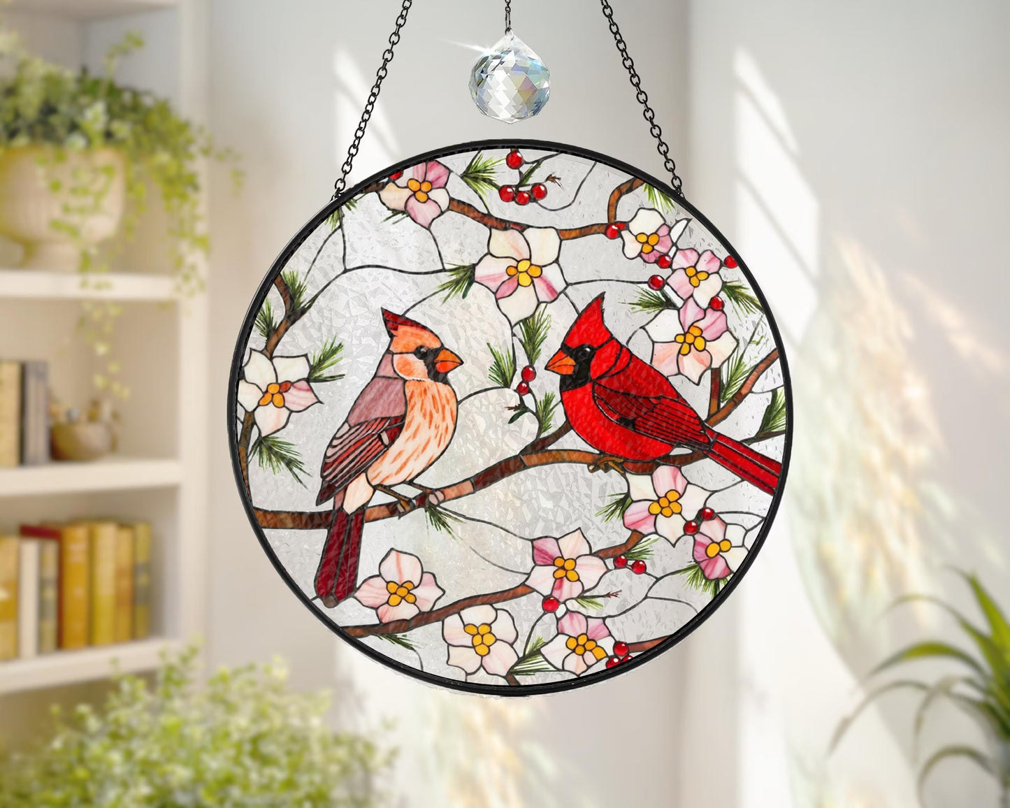 Netecom Cardinal Stained Glass Suncatcher – Window Hanging Bird Glass Art, Memorial Suncatcher, Bird Lover Gift for Mom, Women’s Home Decor