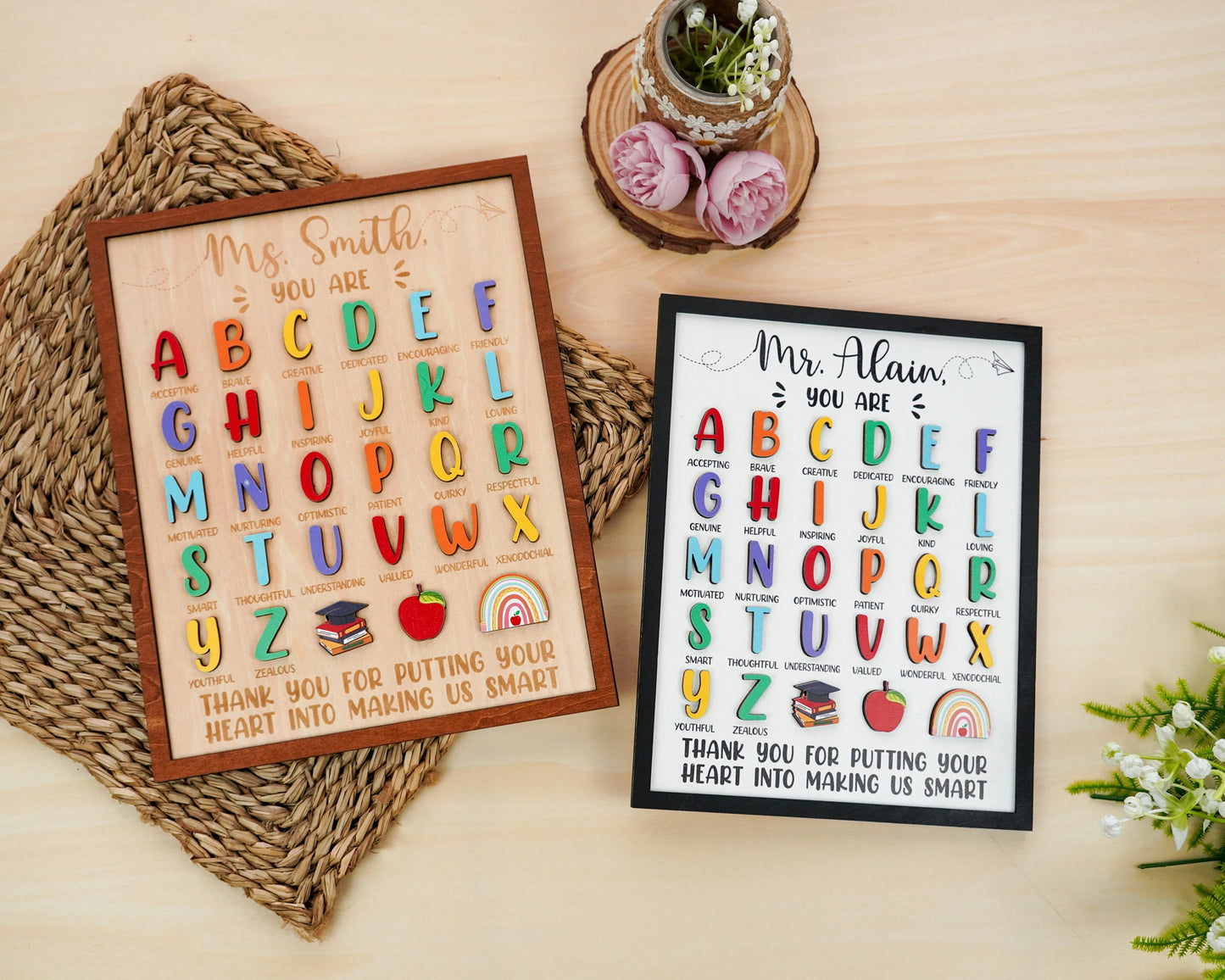Netecom Personalized ABC Teacher Appreciation Wooden Sign, Custom Teacher Name Wall Art, A to Z Classroom Decor, Thank You Gift for Preschool & Kindergarten Teachers