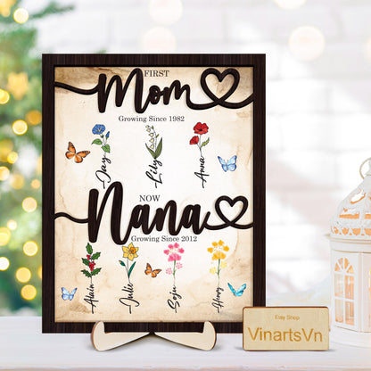 Netecom First Mom Now Grandma Wood Sign Personalized Birth Month Flower Frame Nana Garden Decor Mother’s Day Gift for Mom