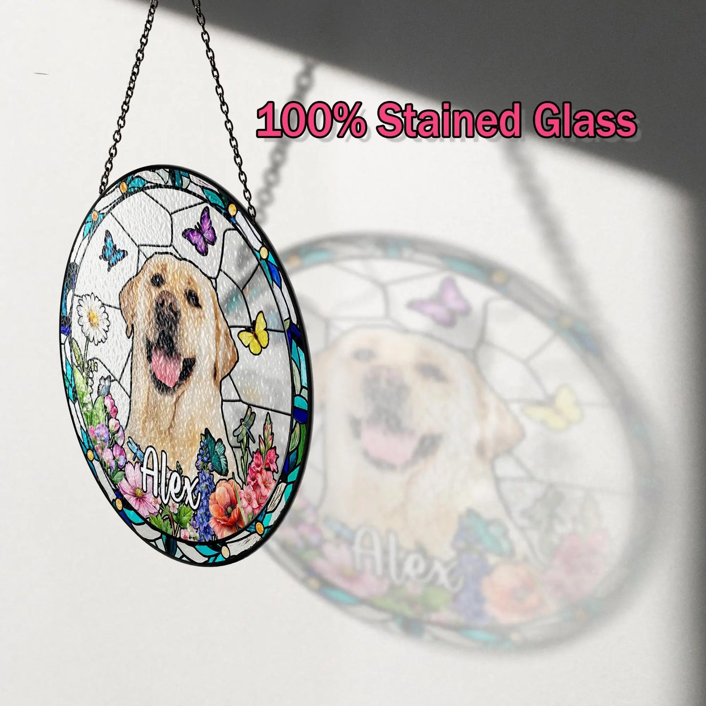 Netecom Personalized Pet Portrait Stained Glass Suncatcher – Custom Pet Memorial, Pet Lover Window Hanging, Thoughtful Sympathy Gift for Dog and Cat Owners