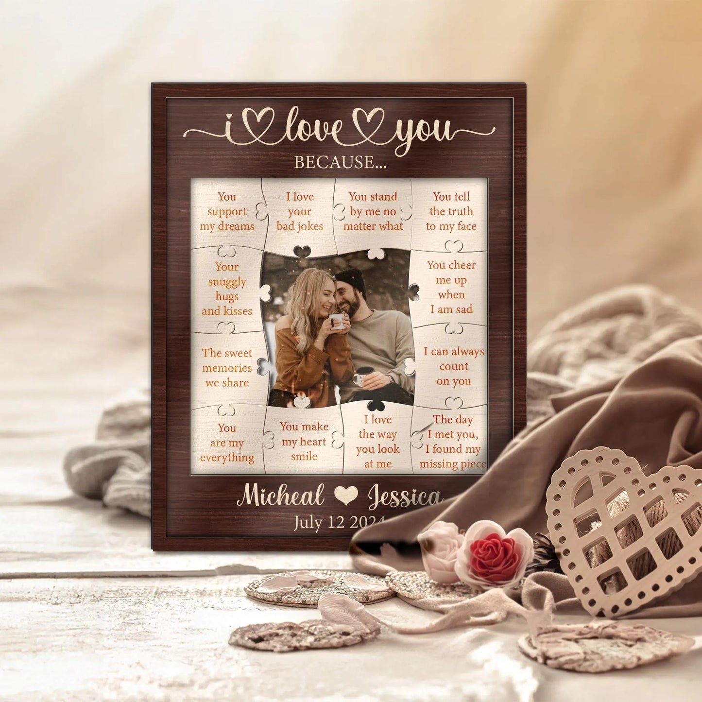Netecom 12 Reasons Why I Love You Wooden Puzzle, Personalized Valentine’s Day Gift for Him or Her, Custom Romantic Wood Frame, Birthday Gift for Boyfriend Girlfriend