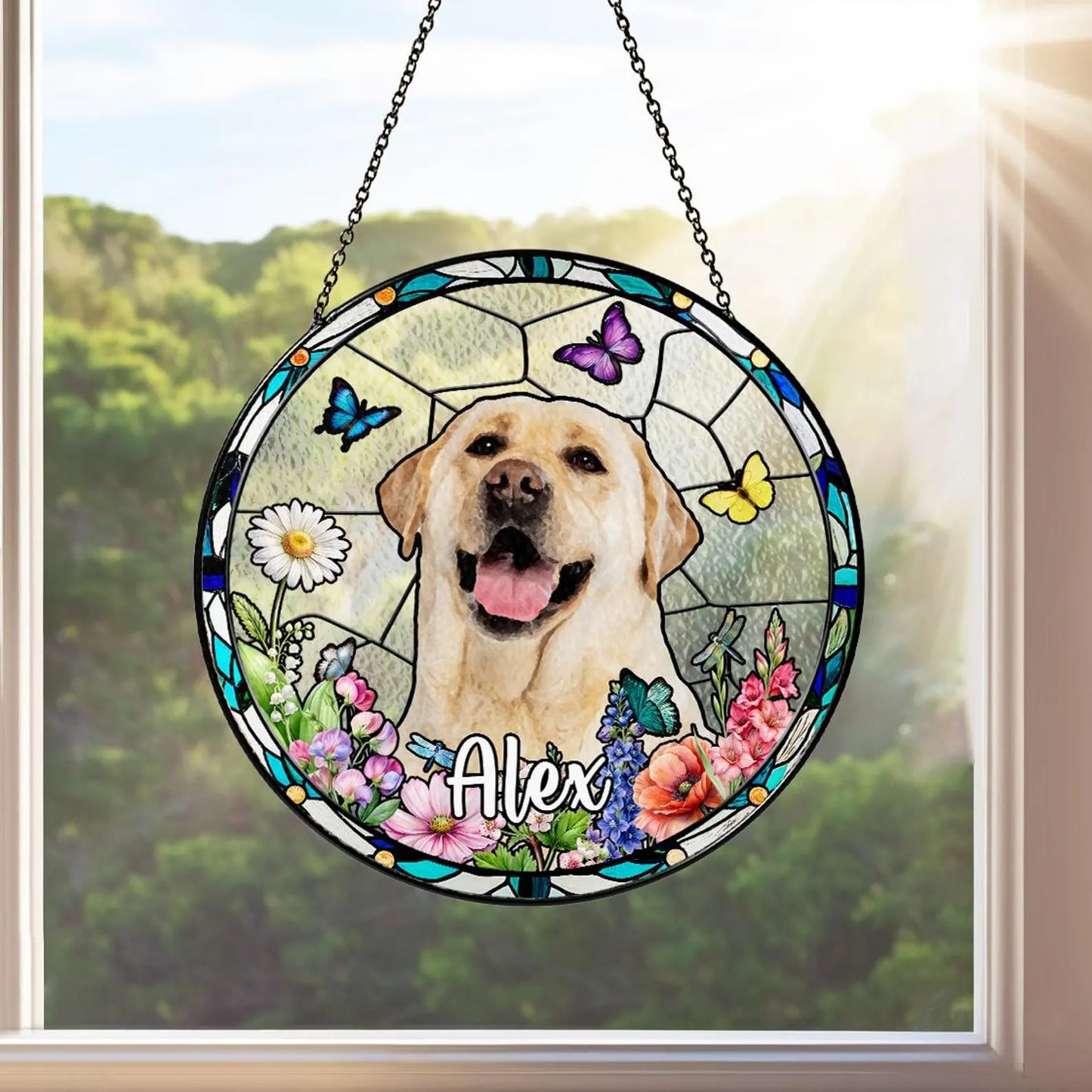 Netecom Personalized Pet Portrait Stained Glass Suncatcher – Custom Pet Memorial, Pet Lover Window Hanging, Thoughtful Sympathy Gift for Dog and Cat Owners