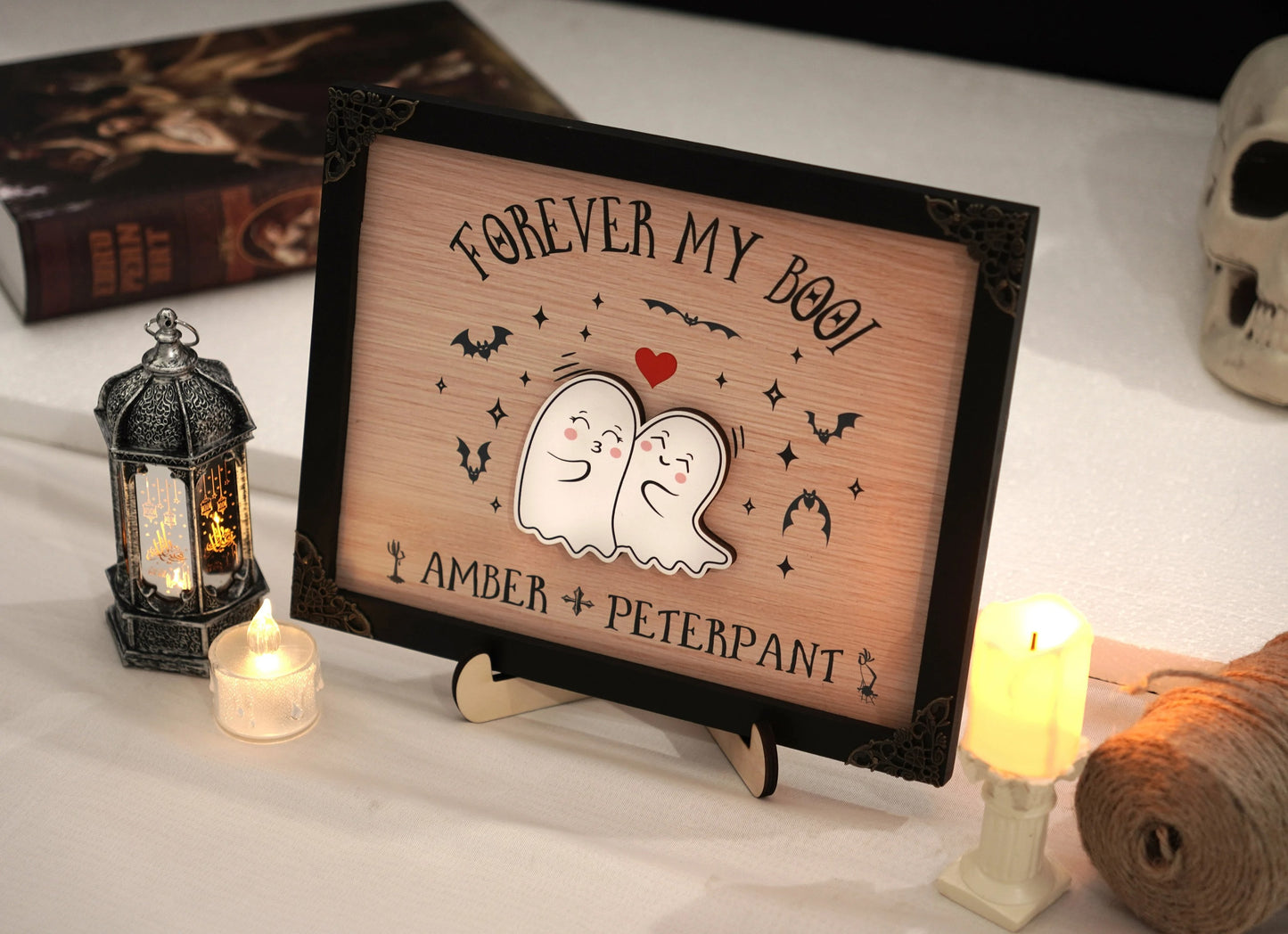Netecom Personalized Forever My Boo Wooden Halloween Sign, Cute Ghost Couple Decor with Heart, Custom Name Halloween Home Decor, Spooky Farmhouse Gift for Couples