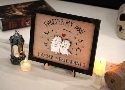 Netecom Personalized Forever My Boo Wooden Halloween Sign, Cute Ghost Couple Decor with Heart, Custom Name Halloween Home Decor, Spooky Farmhouse Gift for Couples
