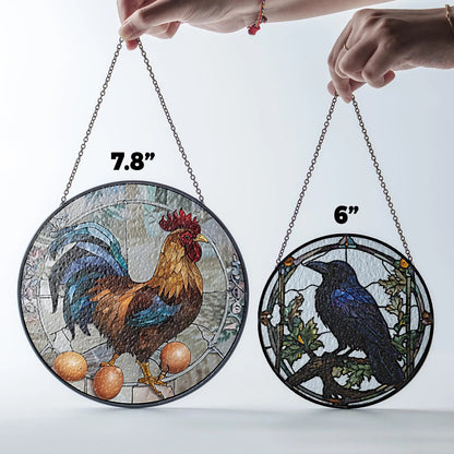 Netecom Rooster Stained Glass Suncatcher – Farmhouse Window Hanging Decor, Rustic Rooster & Egg Glass Art, Country Kitchen Gift