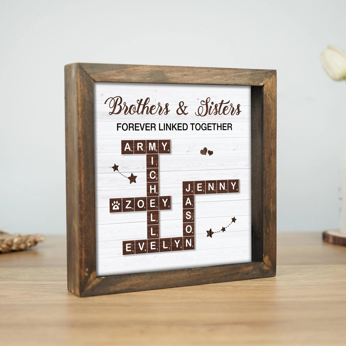 Netecom Personalized Brothers & Sisters Scrabble Frame Family Puzzle Name Sign Sibling Gift Family Keepsake