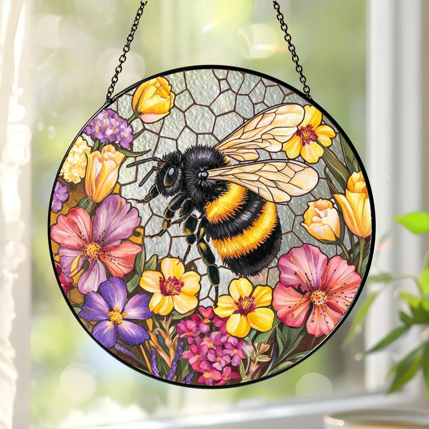 Netecom Bee Wildflower Stained Glass Suncatcher – Nature Gift for Gardeners, Mother’s Day, Grandma and Teacher Gift