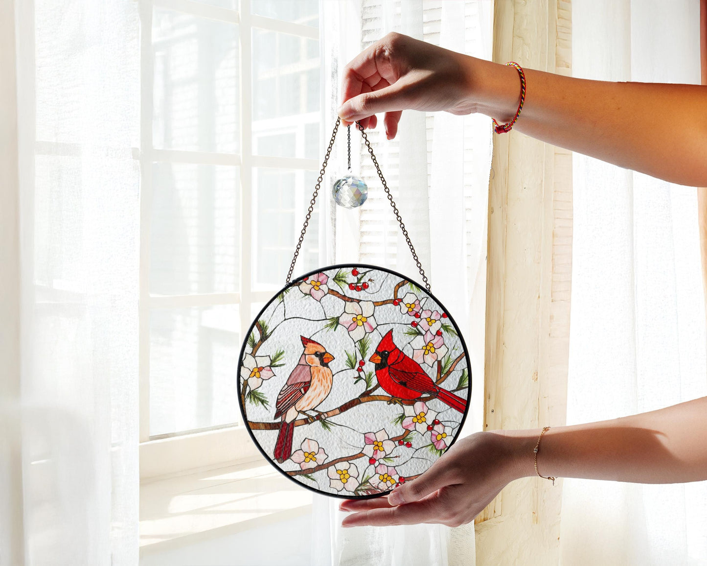 Netecom Cardinal Stained Glass Suncatcher – Window Hanging Bird Glass Art, Memorial Suncatcher, Bird Lover Gift for Mom, Women’s Home Decor