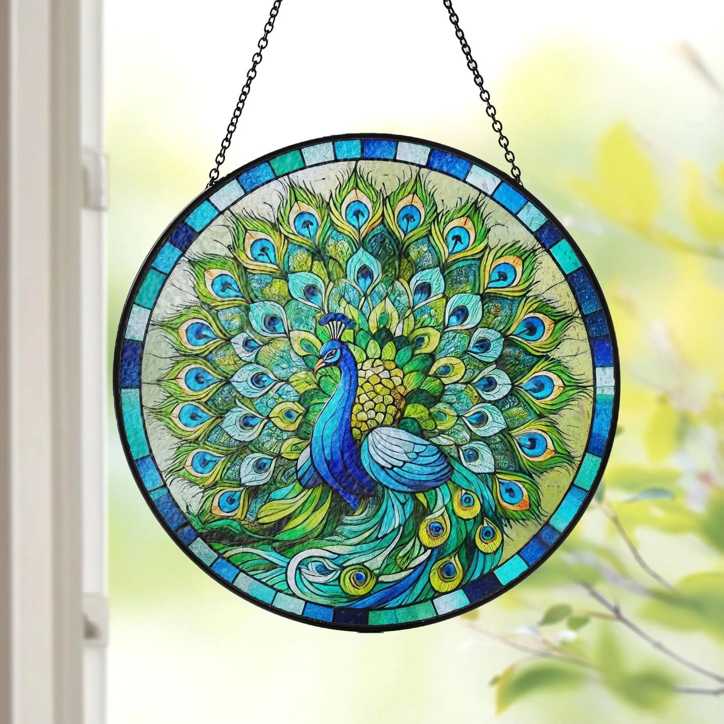 Netecom Peacock Stained Glass Suncatcher Window Hanging, Floral Peacock Art Decor, Colorful Window Ornament, Gift for Peacock Lovers Nature Fans