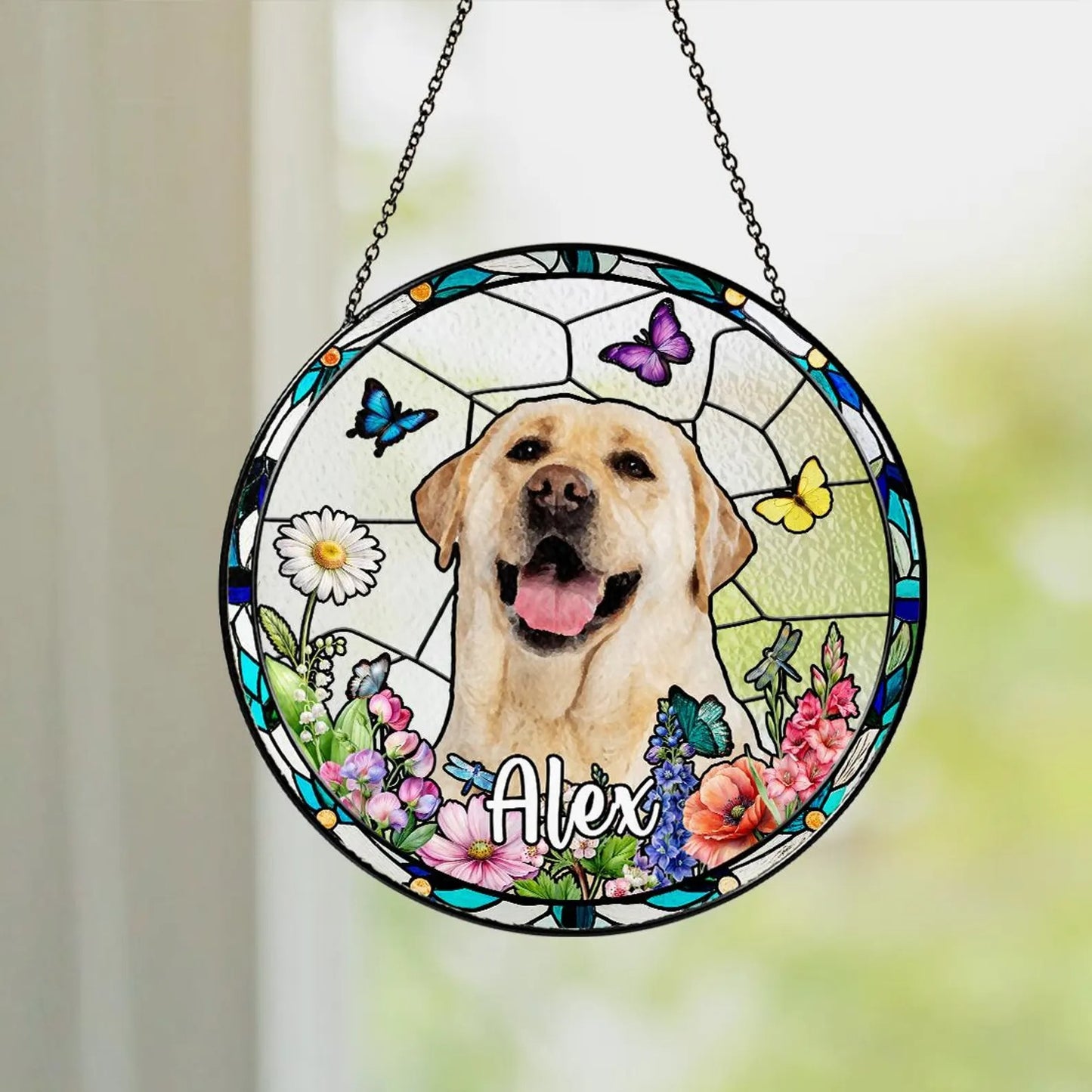 Netecom Personalized Pet Portrait Stained Glass Suncatcher – Custom Pet Memorial, Pet Lover Window Hanging, Thoughtful Sympathy Gift for Dog and Cat Owners