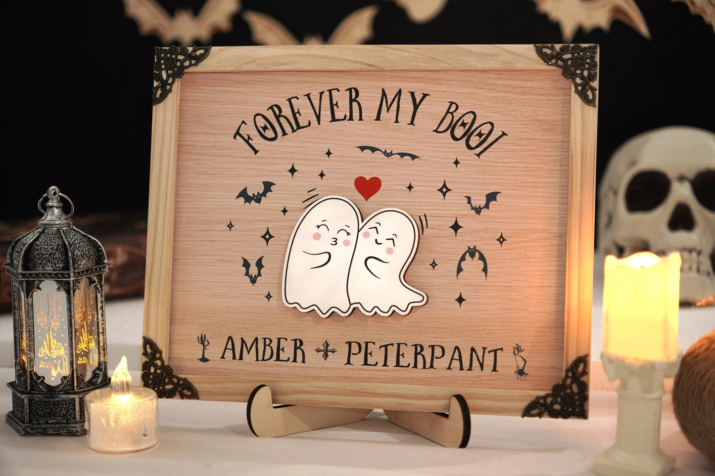Netecom Personalized Forever My Boo Wooden Halloween Sign, Cute Ghost Couple Decor with Heart, Custom Name Halloween Home Decor, Spooky Farmhouse Gift for Couples
