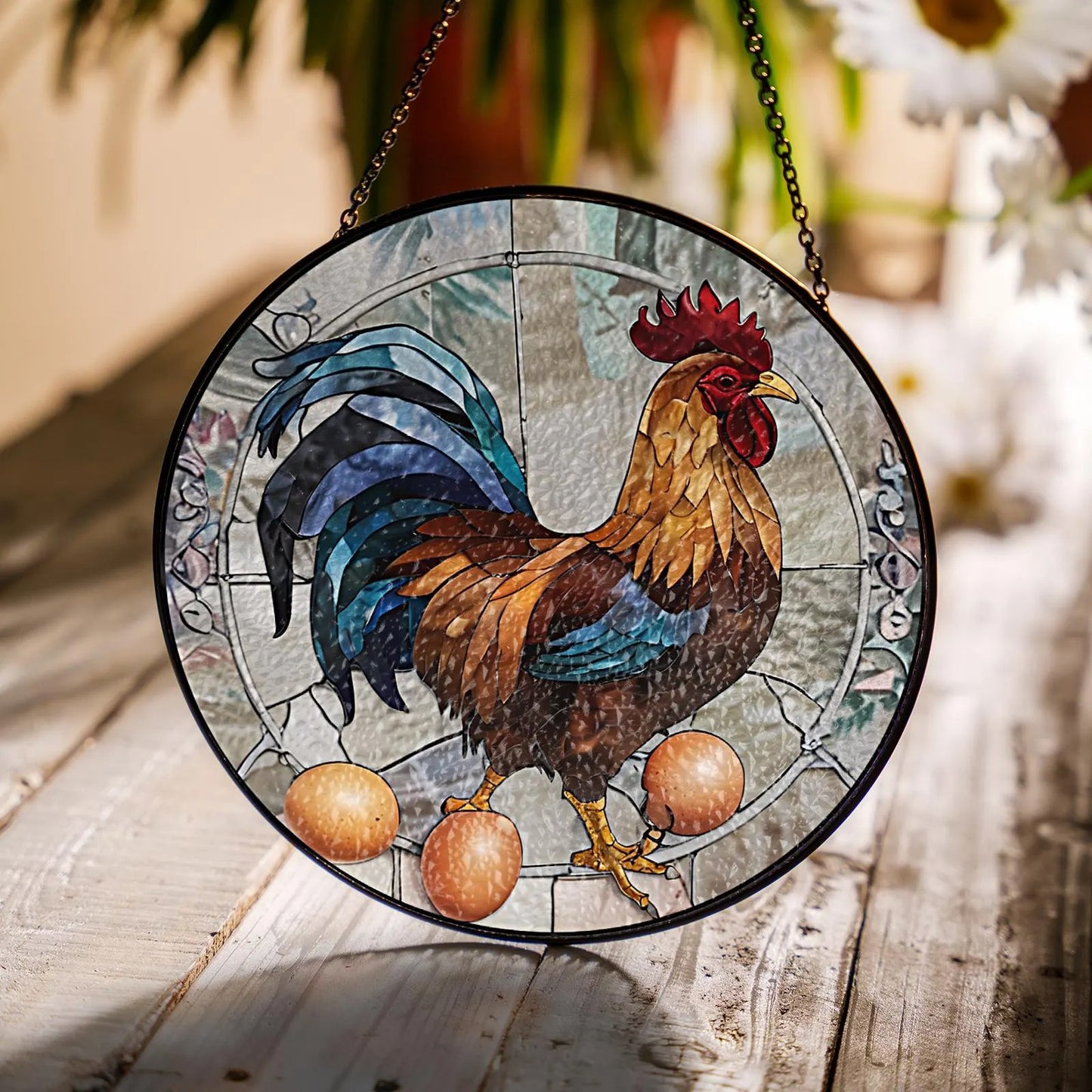 Netecom Rooster Stained Glass Suncatcher – Farmhouse Window Hanging Decor, Rustic Rooster & Egg Glass Art, Country Kitchen Gift