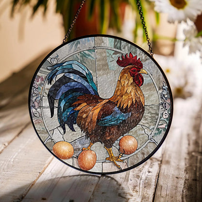 Netecom Rooster Stained Glass Suncatcher – Farmhouse Window Hanging Decor, Rustic Rooster & Egg Glass Art, Country Kitchen Gift
