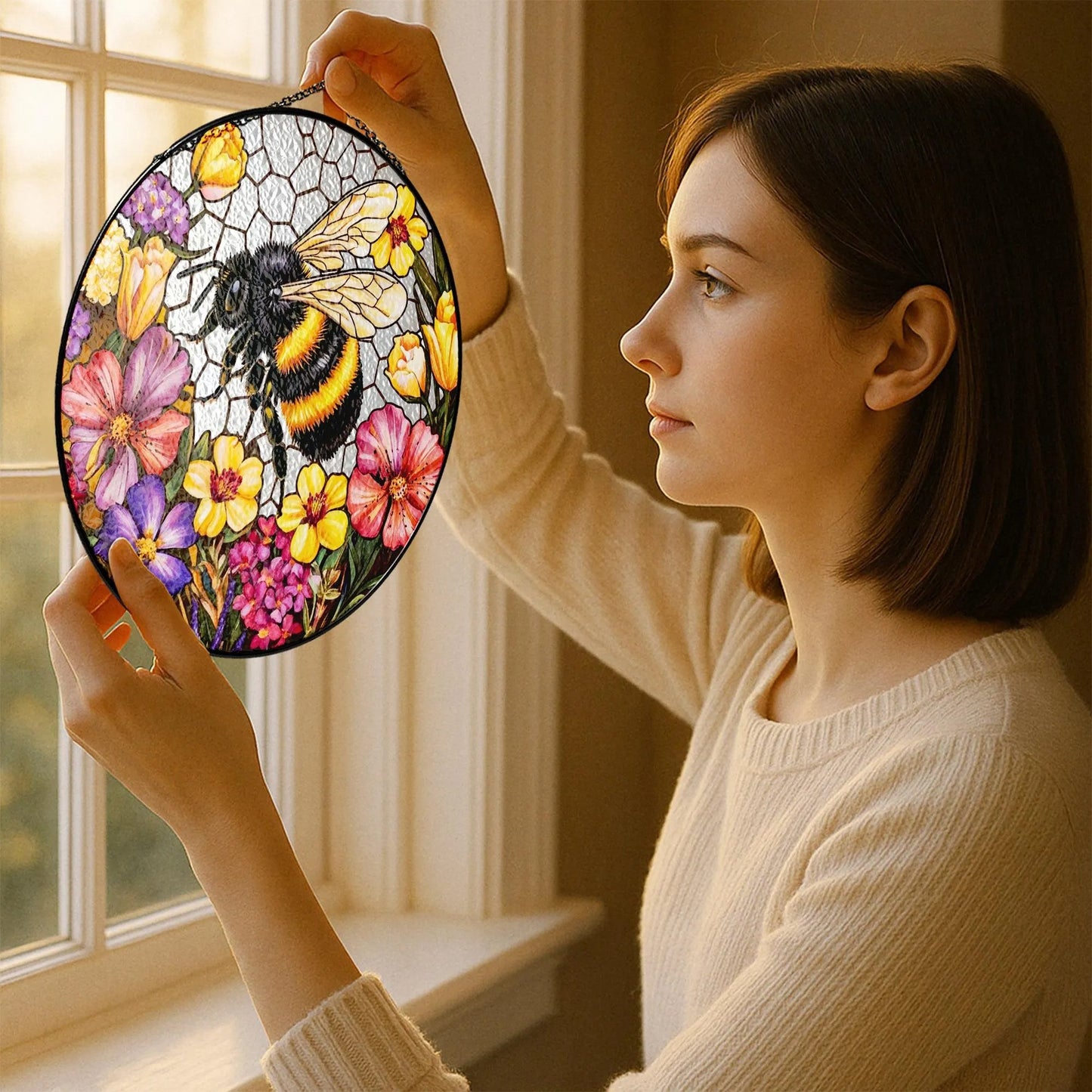 Netecom Bee Wildflower Stained Glass Suncatcher – Nature Gift for Gardeners, Mother’s Day, Grandma and Teacher Gift